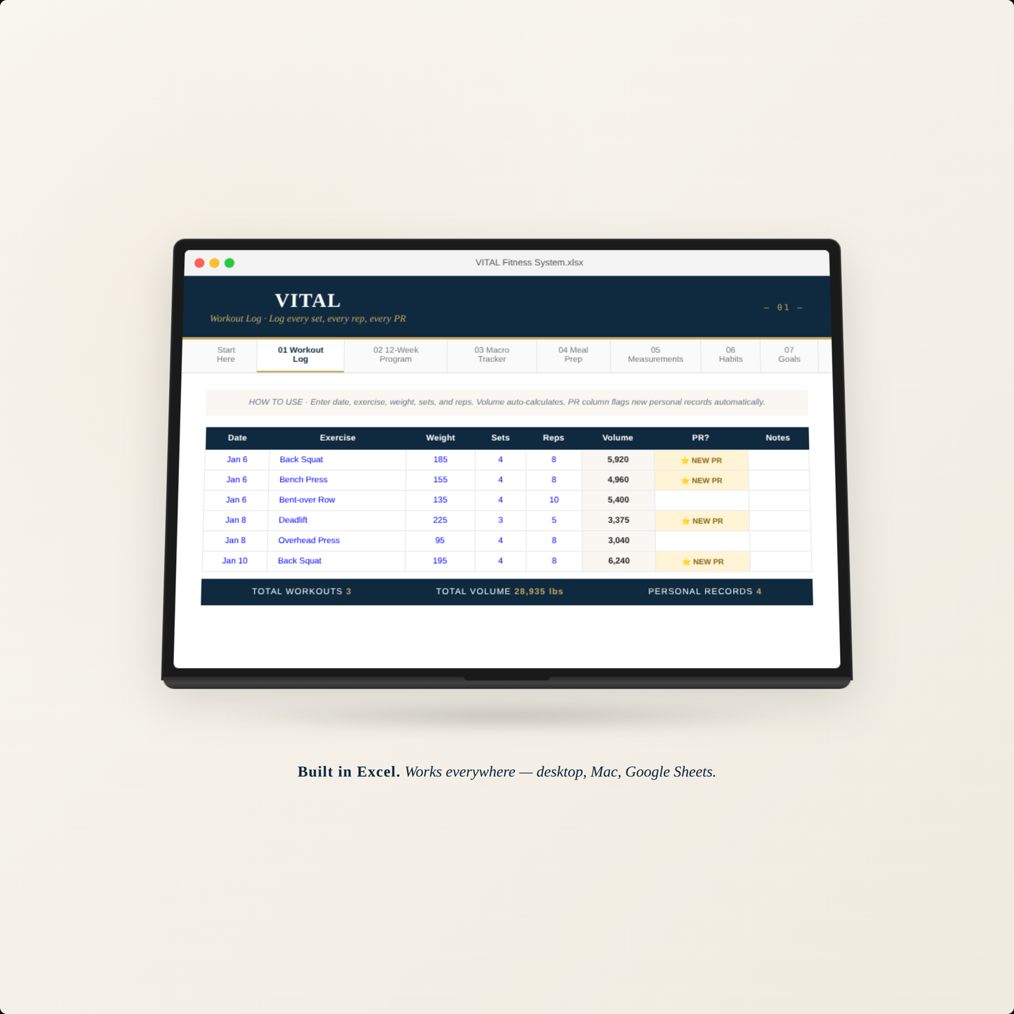 VITAL — The Complete Fitness System | 7 Excel Templates + Bonus Recipes