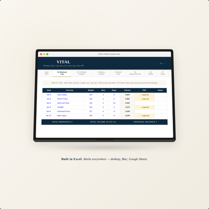 VITAL — The Complete Fitness System | 7 Excel Templates + Bonus Recipes